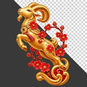 Tượng dê vàng phi nước đại bên hoa đào đỏ - File PNG