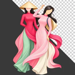 File PNG - Hai thiếu nữ mặc áo dài đỏ hồng đội nón lá