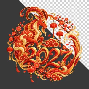 Hình ảnh chú dê đỏ uốn lượn chữ số 2027 hoa đào lồng đèn - File PNG