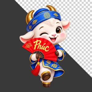 Tượng chú dê xanh cầm quạt đỏ chữ Phúc - PNG