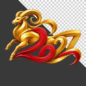 Mô hình chú dê vàng phi nước đại kết hợp chữ số 2027 và dải lụa đỏ uốn lượn - File PNG