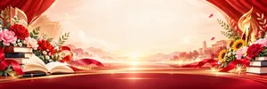 Backdrop sân khấu khai giảng bục đỏ hoa sách trường học  - File JPG