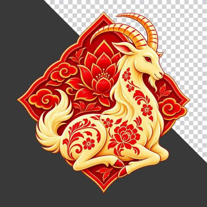 File PNG - Hình ảnh chú dê vàng nằm trang trí Tết hoa văn truyền thống