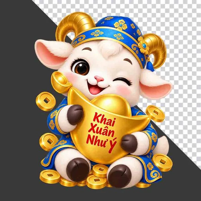File PNG - Tượng chú dê xanh ôm thỏi vàng khắc chữ Khai Xuân Như Ý giữa đống tiền xu