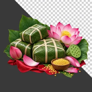 File PNG - Tháp bánh chưng xanh hạt đậu xanh và hoa sen hồng thanh tịnh