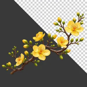 File PNG - Cành hoa mai vàng trải dài thanh mảnh