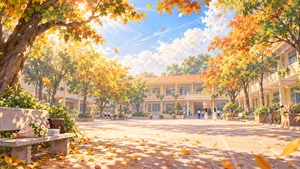 Sân trường mùa thu lá vàng ghế đá hoa cúc - File JPG