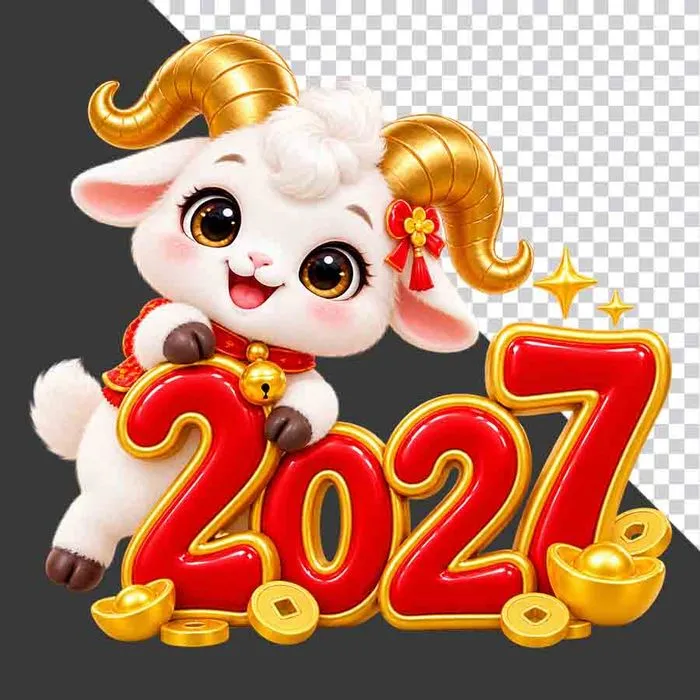 Hình ảnh chú dê hoạt hình dễ thương ôm chữ số 2027 đỏ vàng - File PNG