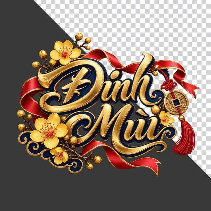 Chữ Đinh Mùi 3D viền xanh hoa mai vàng lụa đỏ đồng tiền ngày Tết - File PNG