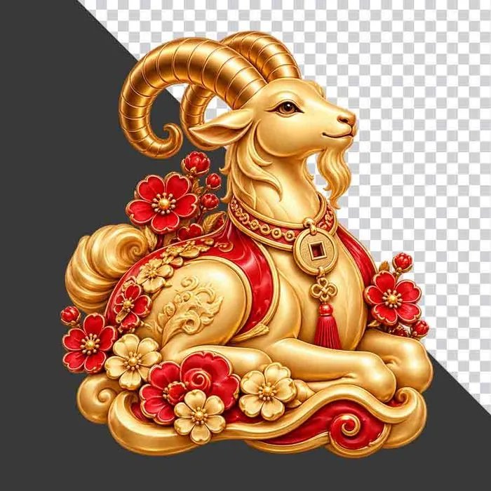 File PNG - Tượng dê vàng nằm nghỉ ngơi áo choàng đỏ hoa đào