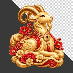 File PNG - Tượng dê vàng nằm nghỉ ngơi áo choàng đỏ hoa đào