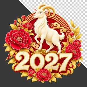 Hình ảnh chú dê trắng đứng trên chữ số 2027 hoa mẫu đơn - File PNG