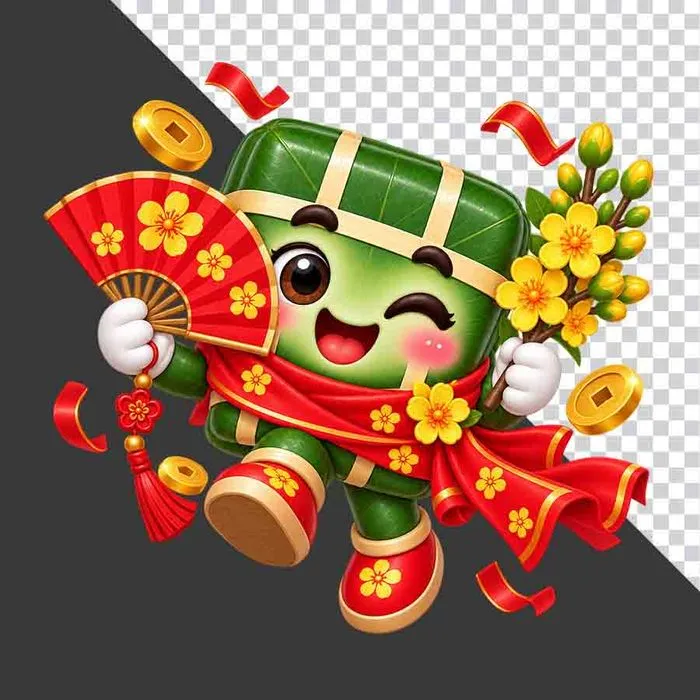 Bánh chưng cầm quạt xếp đỏ cành mai vàng tài lộc - File PNG