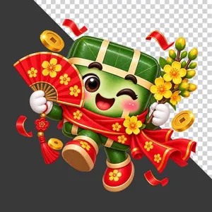 Bánh chưng cầm quạt xếp đỏ cành mai vàng tài lộc - File PNG