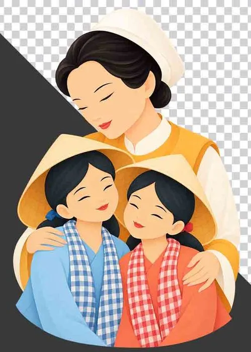 File PNG - Mẹ đội mũ vải ôm hai con gái mặc áo bà ba xanh cam
