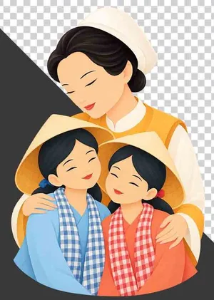 File PNG - Mẹ đội mũ vải ôm hai con gái mặc áo bà ba xanh cam