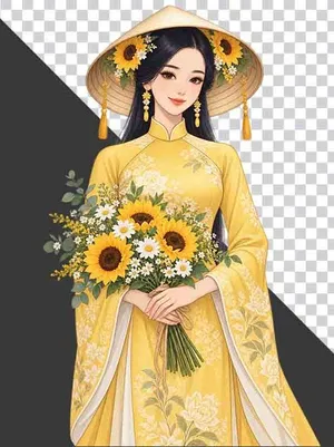 File PNG - Thiếu nữ mặc cổ phục vàng đội nón lá ôm bó hoa hướng dương