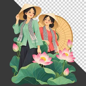 Hai thiếu nữ mặc áo bà ba xanh đỏ khăn rằn đội nón lá bên đầm sen hồng - File PNG