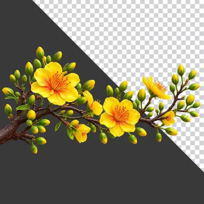 File PNG - Cành hoa mai vàng trải dài uốn lượn