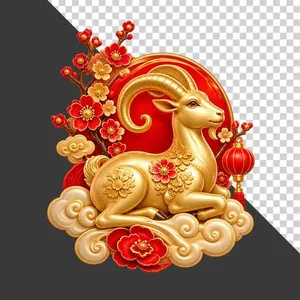File PNG - Tượng dê vàng nằm mây đỏ lồng đèn