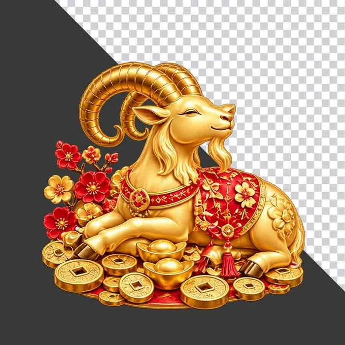 Tượng dê vàng nằm thảnh thơi trên thảm tiền vàng - File PNG