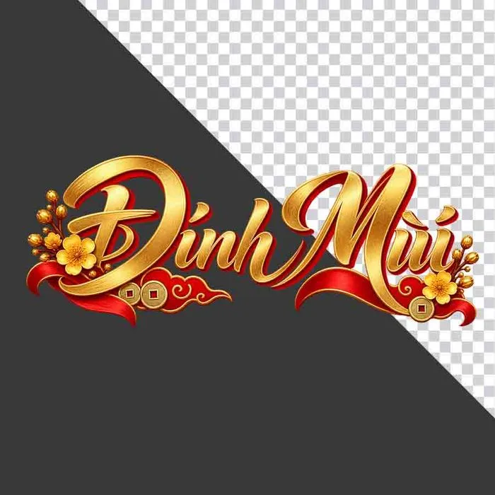 Chữ Đinh Mùi 3D ngang hoa mai vàng lụa đỏ đồng tiền ngày Tết - File PNG