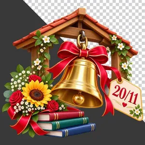 Mái nhà gỗ chuông vàng hoa hướng dương sách thẻ 20/11 tri ân thầy cô - PNG