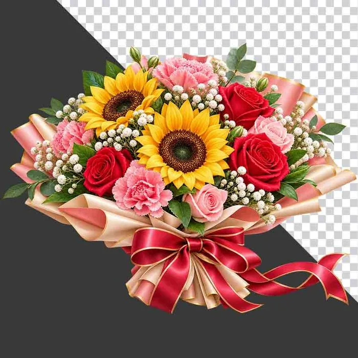 File PNG - Bó hoa hỗn hợp hướng dương hoa hồng cẩm chướng gói giấy hồng thắt nơ ruy băng tri ân thầy cô 20 tháng 11   