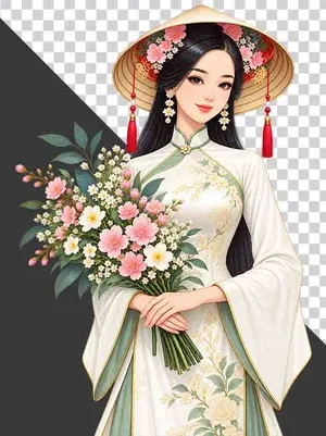 File PNG - Thiếu nữ mặc cổ phục trắng viền xanh đội nón lá ôm bó hoa đào phớt