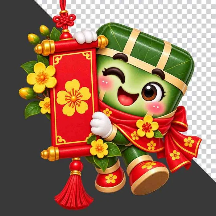 File PNG - Bánh chưng cầm cuốn thư câu đối đỏ treo hoa mai