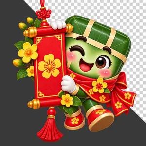 File PNG - Bánh chưng cầm cuốn thư câu đối đỏ treo hoa mai
