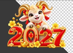 File PNG - Hình ảnh chú dê vàng đứng cạnh chữ số 2027 đỏ vàng