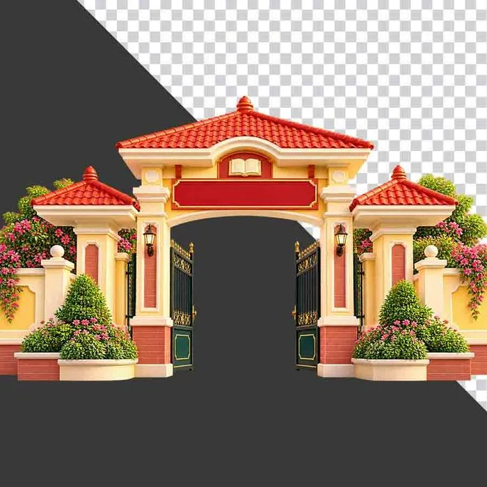 Cổng trường học biểu tượng sách hoa khai giảng - File PNG
