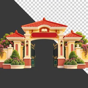 Cổng trường học biểu tượng sách hoa khai giảng - File PNG