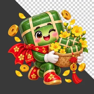 Nhân vật hoạt hình bánh chưng bưng giỏ bánh chưng nhỏ tiền vàng và hoa mai - File PNG