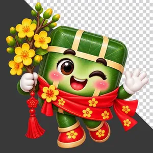 Bánh chưng cầm cành hoa mai vàng thắt nơ đỏ - File PNG