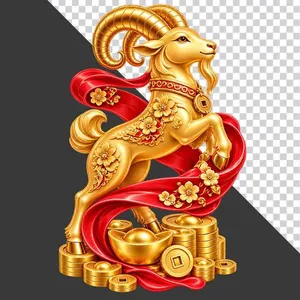 Tượng dê vàng dải lụa đỏ thỏi vàng tiền xu phong thủy - File PNG