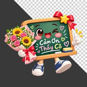 File PNG - Bảng đen hoạt hình dễ thương chữ Cảm Ơn Thầy Cô ôm bó hoa 20/11