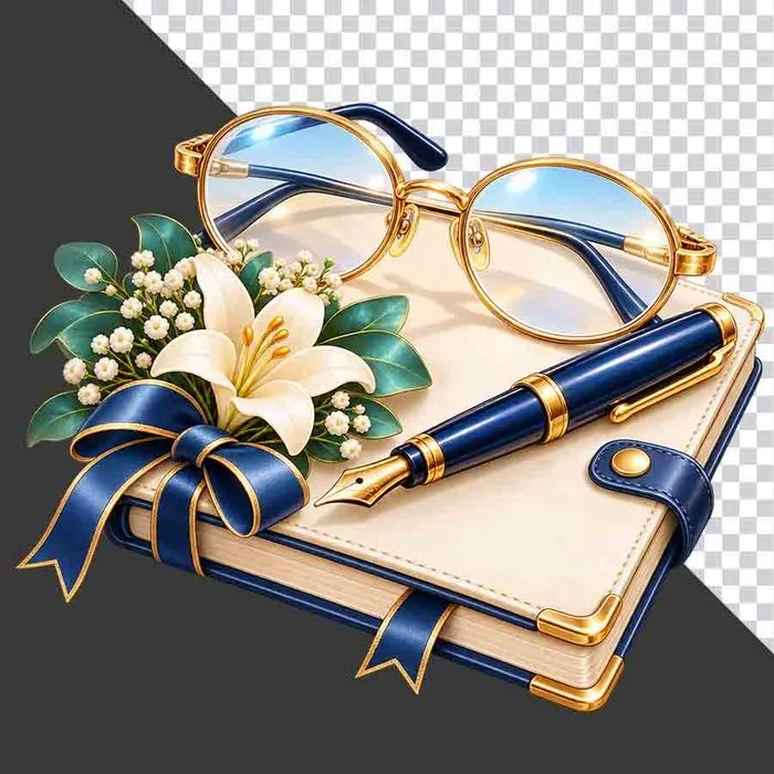 File PNG - Sổ tay bút máy kính mắt hoa loa kèn nơ xanh tri ân thầy cô