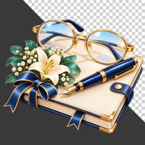 File PNG - Sổ tay bút máy kính mắt hoa loa kèn nơ xanh tri ân thầy cô