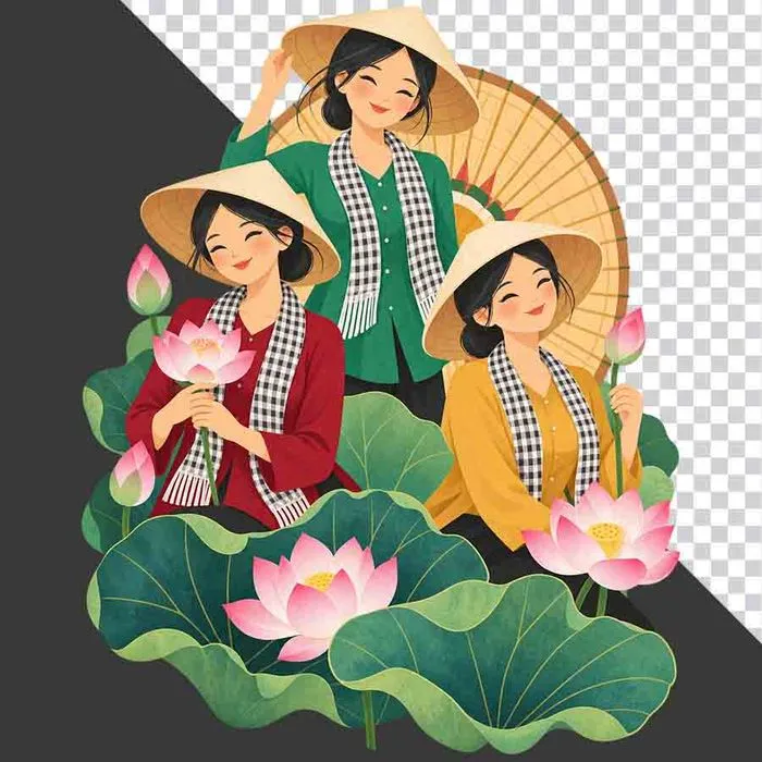 File PNG - Ba thiếu nữ mặc áo bà ba đỏ xanh vàng khăn rằn ôm hoa sen bên đầm sen hồng