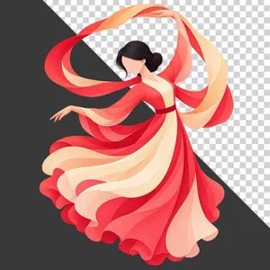 Thiếu nữ mặc trang phục đỏ kem múa nghệ thuật dải lụa bay - File PNG
