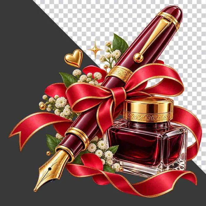 File PNG - Bút máy cao cấp và lọ mực trang trí ruy băng đỏ tri ân 20 tháng 11
