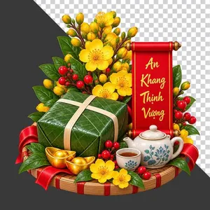 Mẹt bánh chưng ấm chén trà hoa mai thỏi vàng và cuộn thư An Khang Thịnh Vượng - File PNG