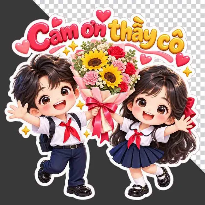 File PNG - Cặp đôi học sinh vẫy tay ôm hoa tri ân 20/11