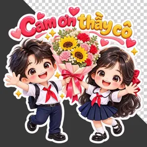 File PNG - Cặp đôi học sinh vẫy tay ôm hoa tri ân 20/11   