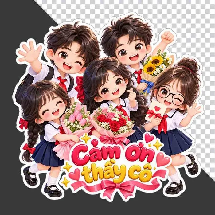 File PNG - Nhóm học sinh hoạt hình vui mừng ôm hoa và giơ bảng Cảm ơn thầy cô chào mừng 20/11