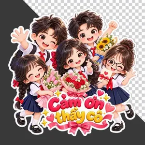 File PNG - Nhóm học sinh hoạt hình vui mừng ôm hoa và giơ bảng Cảm ơn thầy cô chào mừng 20/11   
