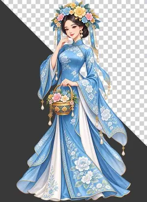 File PNG - Thiếu nữ mặc cổ phục xanh dương cầm giỏ hoa   