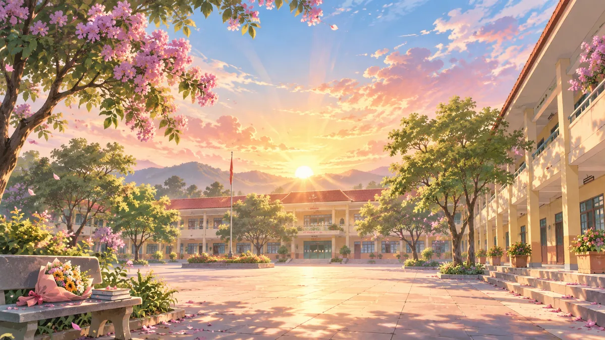 File JPG - Sân trường hoàng hôn hoa bằng lăng ghế đá
